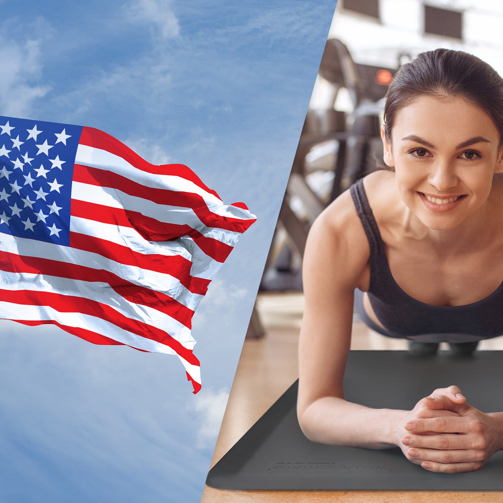 American Flag and woman doing planks on FitnessMat.