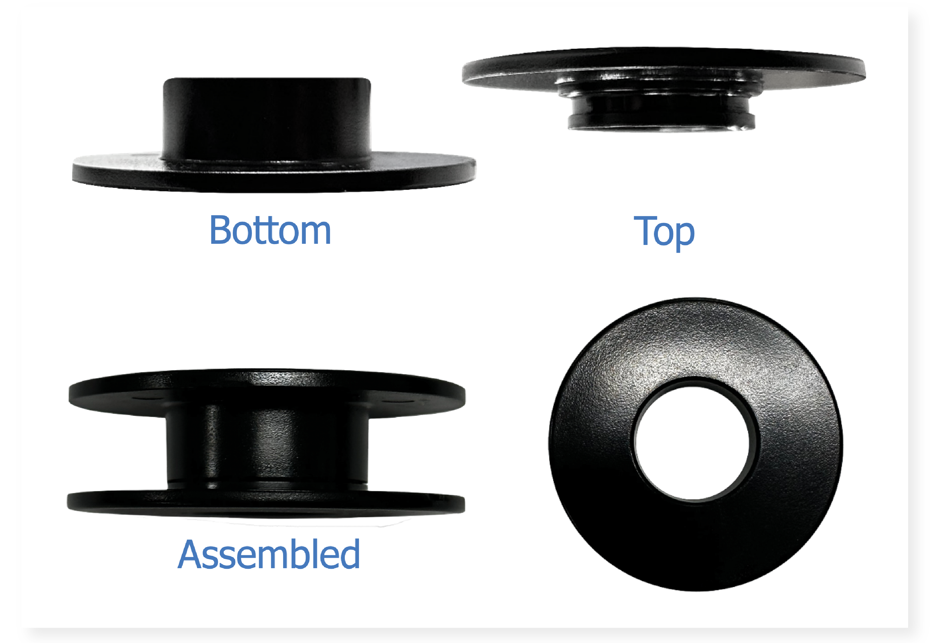 4 Pictures of Perma-Grommets from top and side view, assembled and disassembled