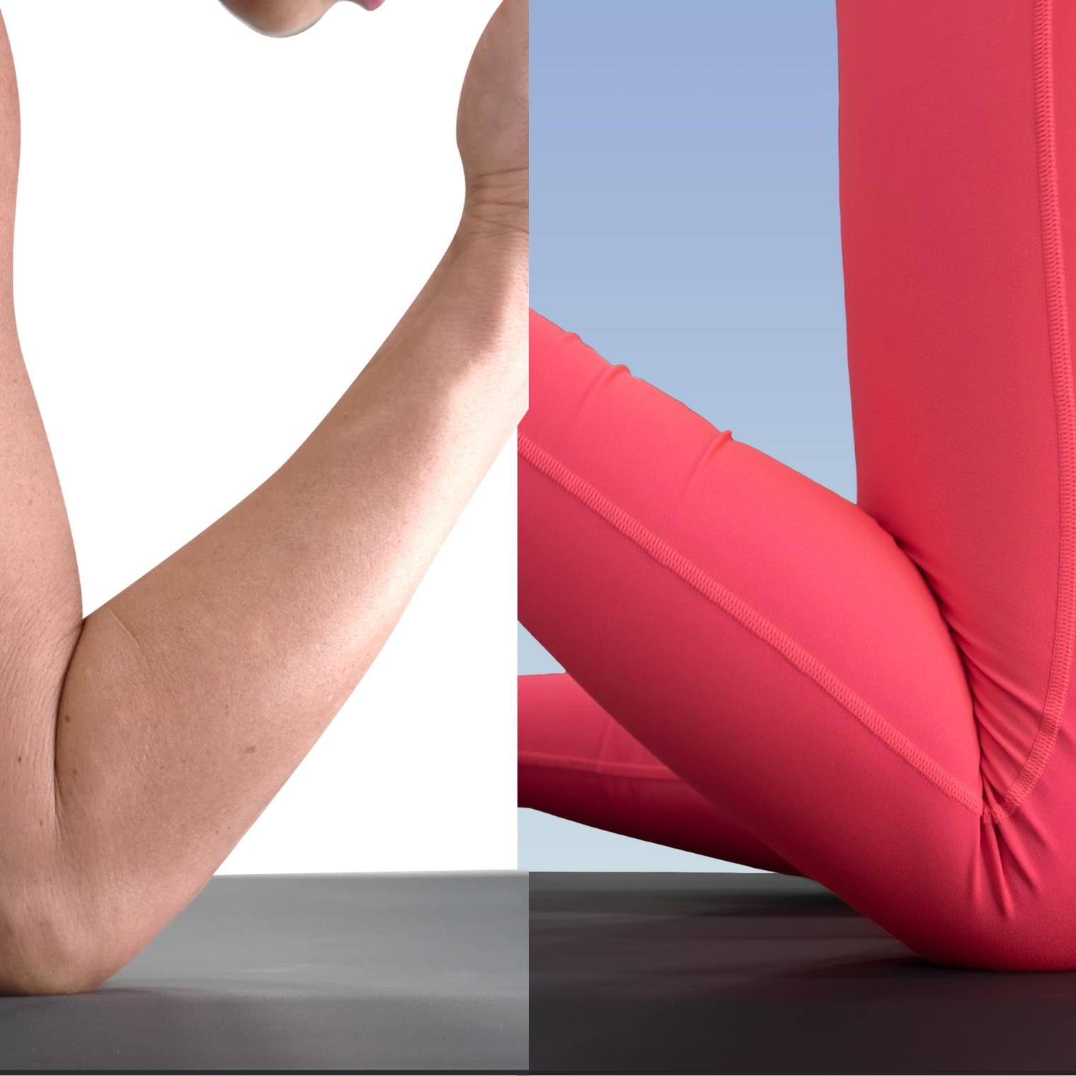 A side by side image of an elbow (left) and knee (right) pressing into a WellnessMat