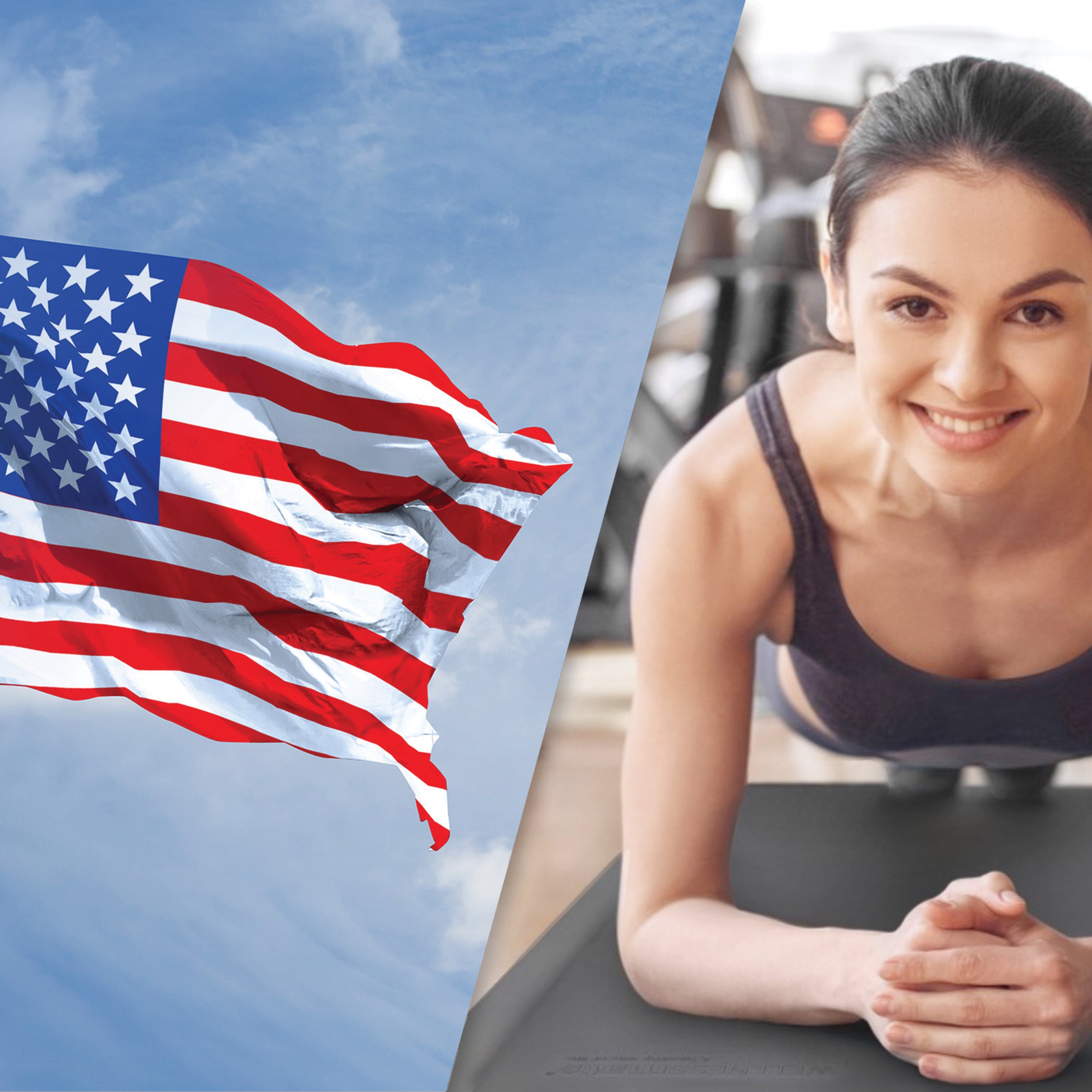 Woman doing planks on FitnessMat and American Flag