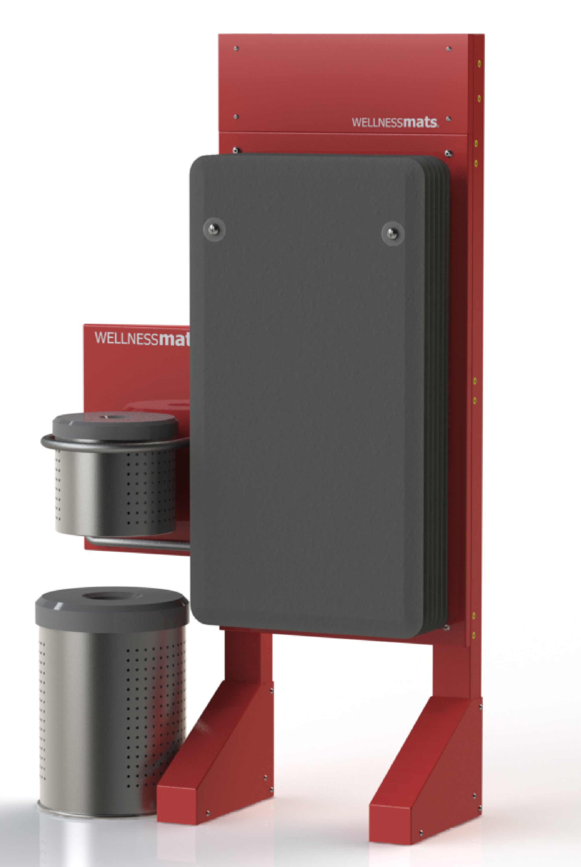 An Elite Standing sanitizing station that holds FitnessMats that includes a trash can and wipes.