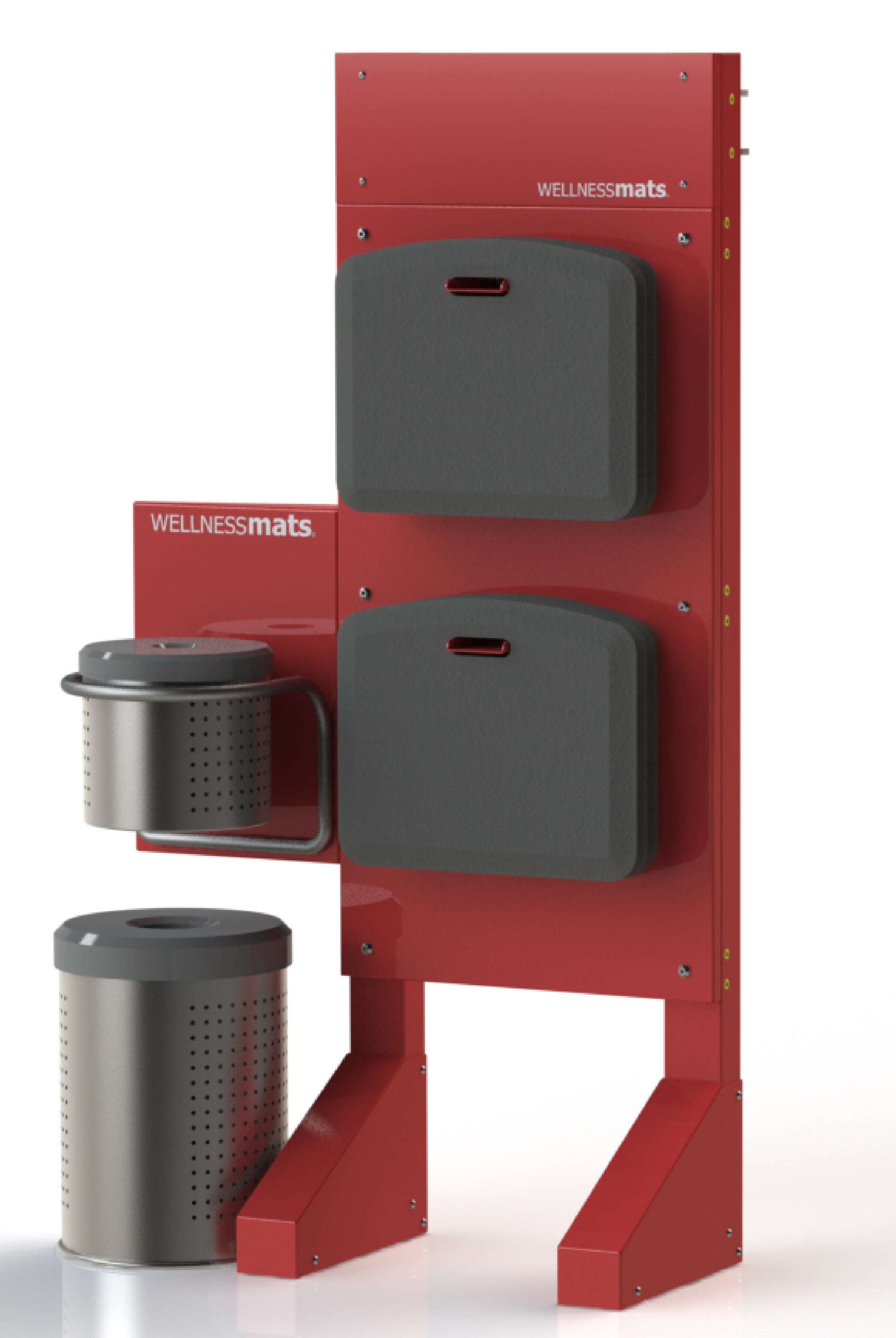 An Elite standing sanitizing station that holds Mobile Mats that includes a trash can and wipes.