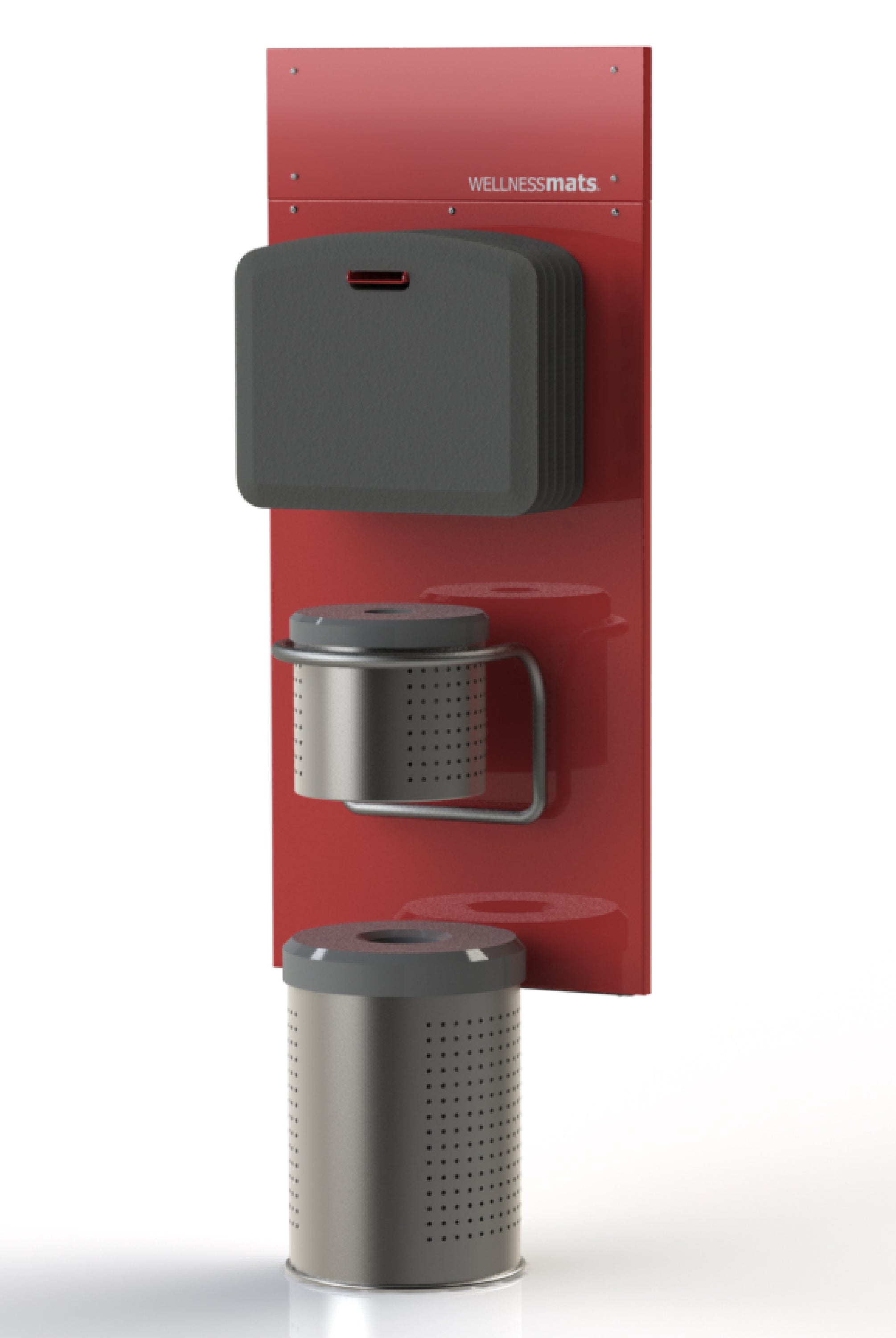 An Elite wall sanitizing station that holds Mobile Mats that includes a trash can and wipes.