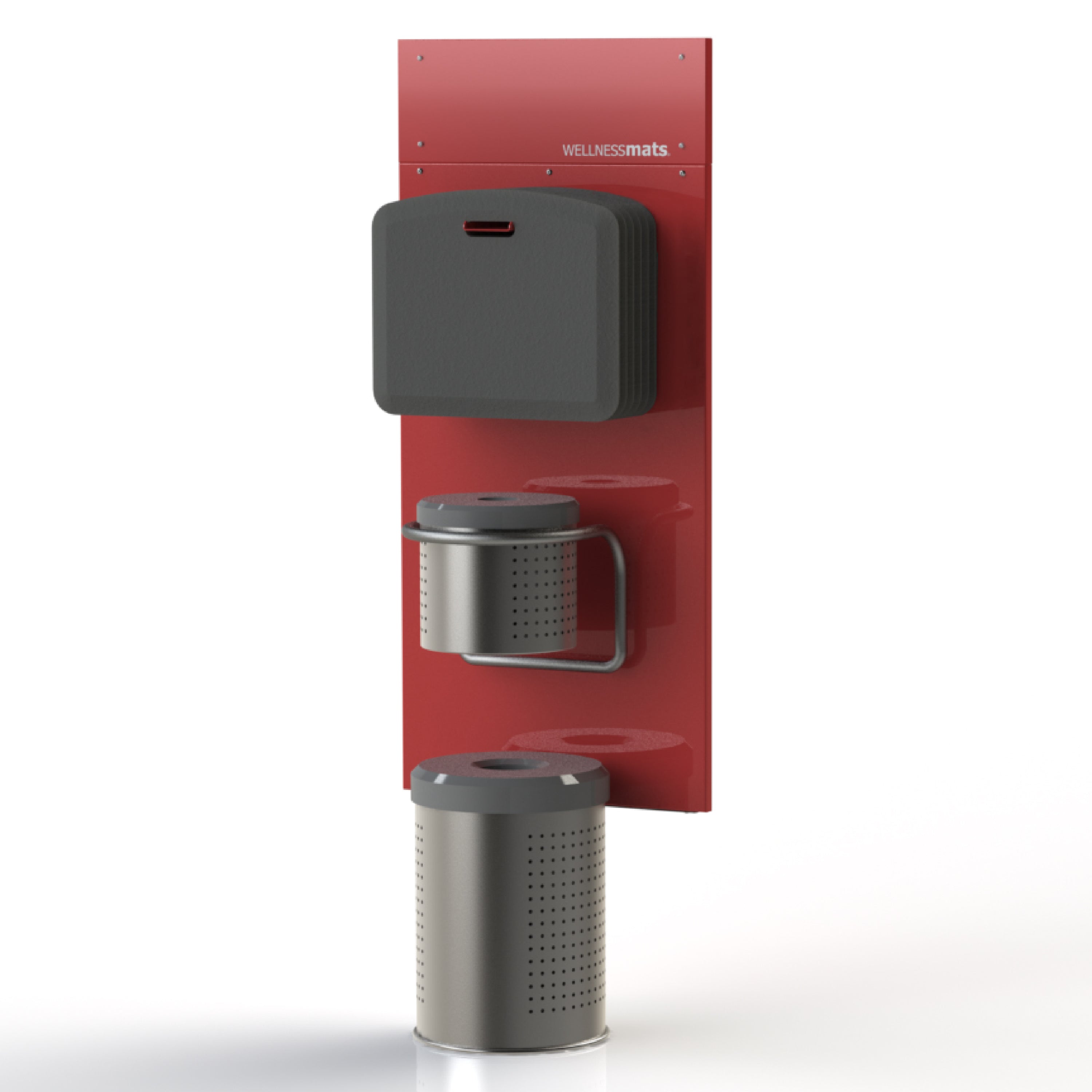 An Elite wall sanitizing station that holds Mobile Mats that includes a trash can and wipes.