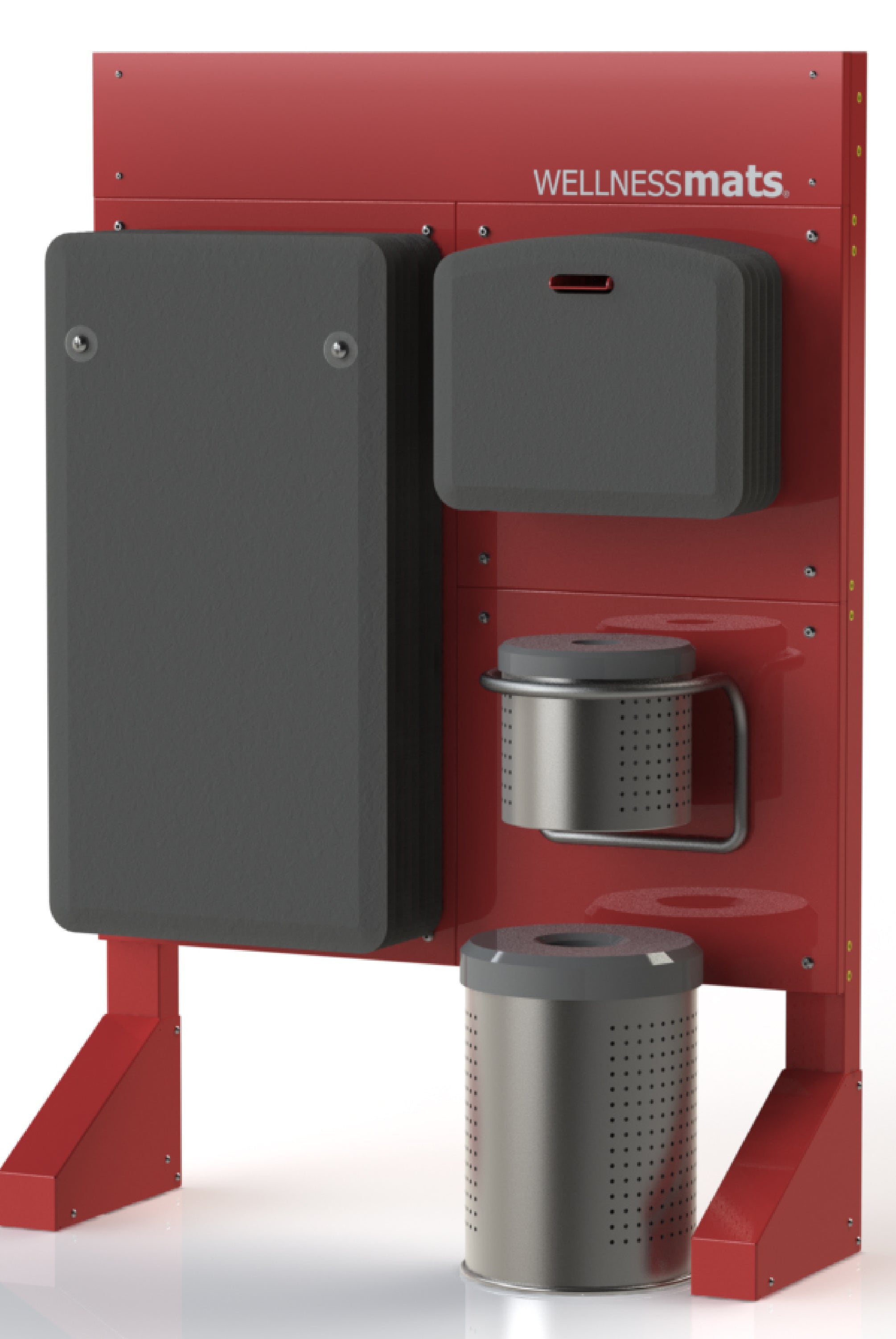 An elite Standing Sanitizing Station that holds FitnessMats and Mobile Mats on one side of the station that includes a trash can and wipes.