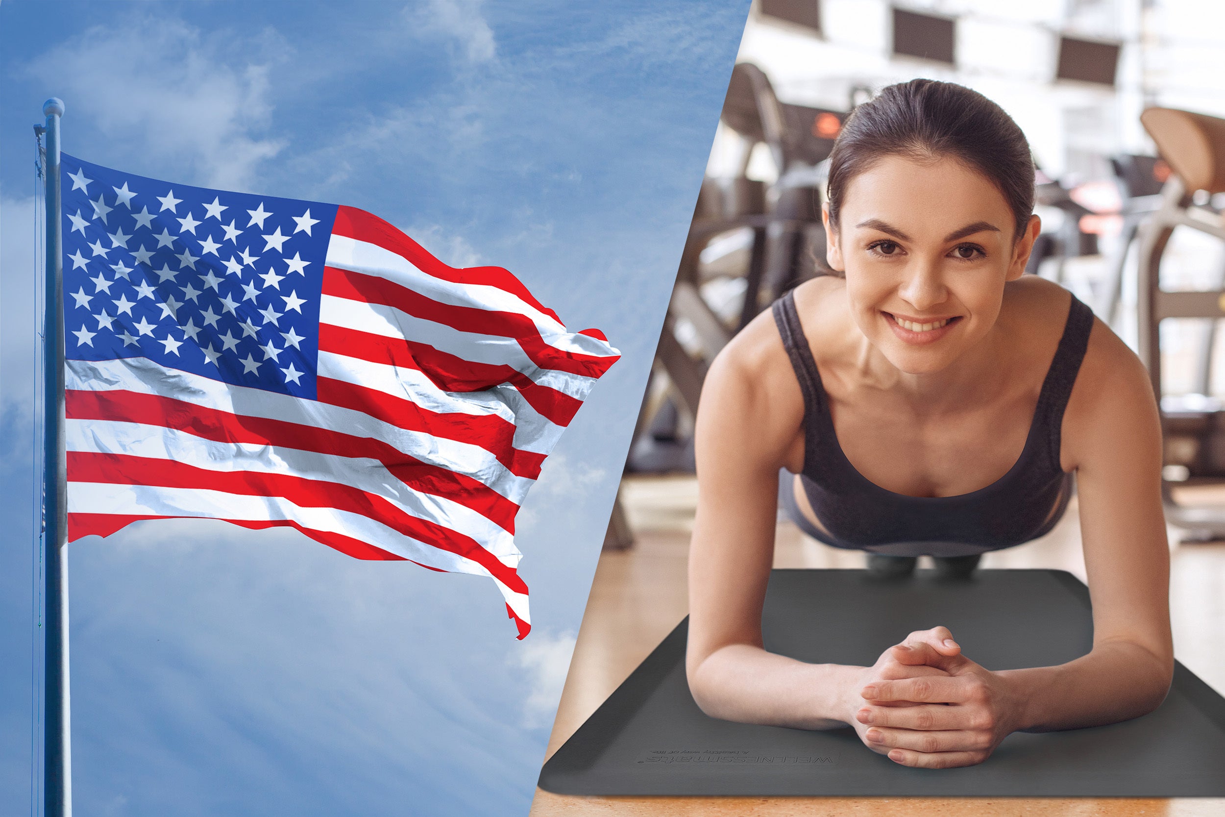 American Flag and woman doing planks on FitnessMat.