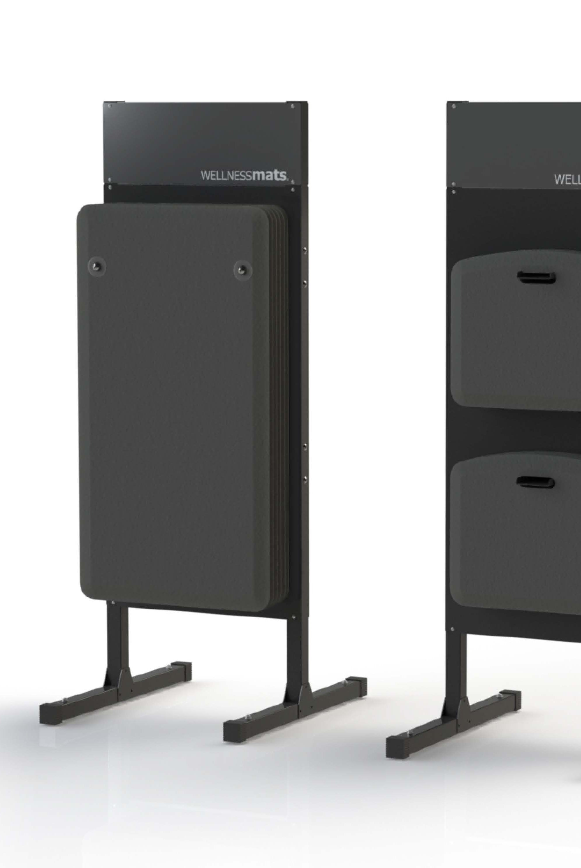 A front and back image of a standing station that holds FitnessMats on one side and Mobile Mats on the other side.