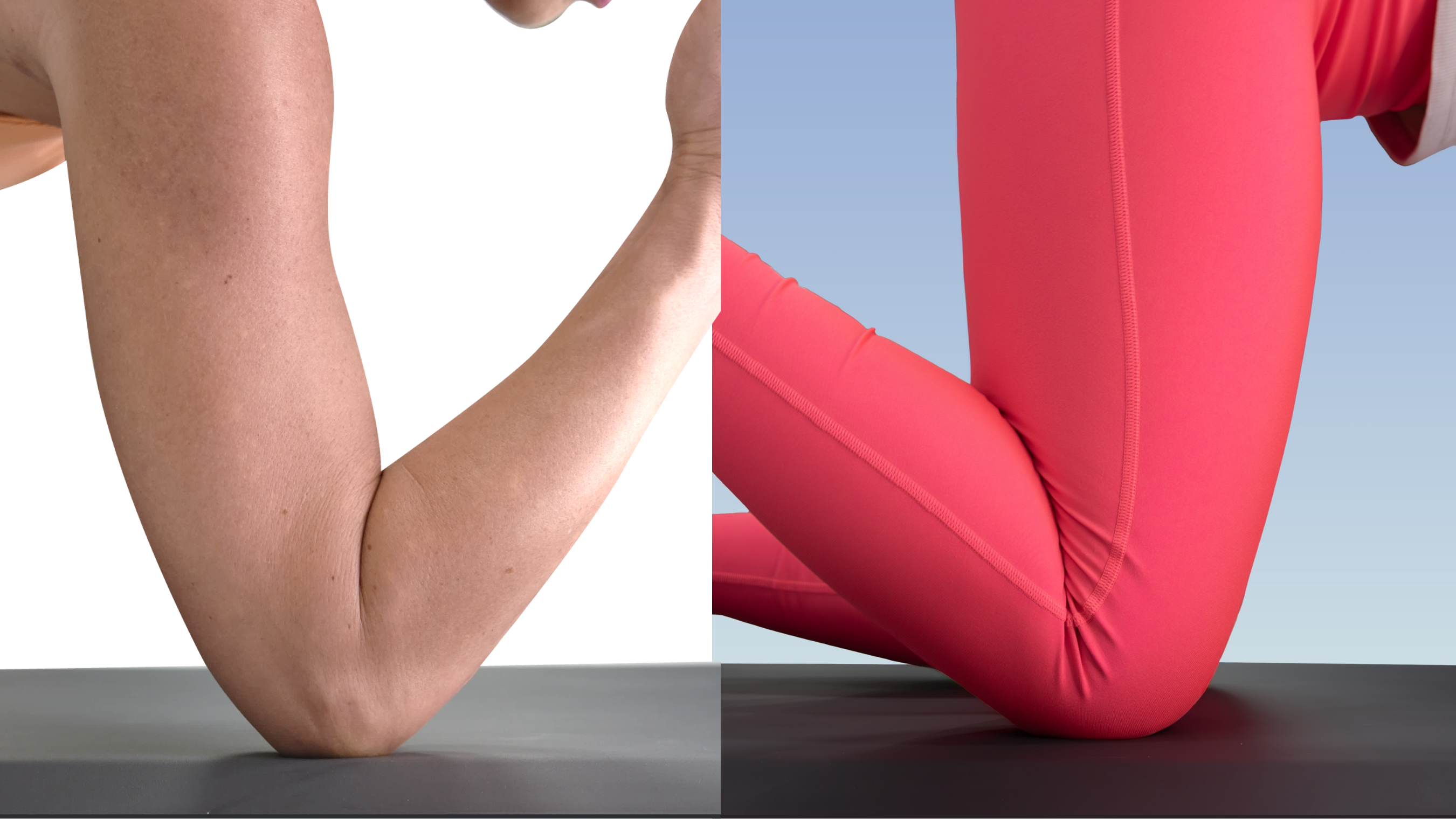 A side by side image of an elbow (left) and knee (right) pressing into a WellnessMat