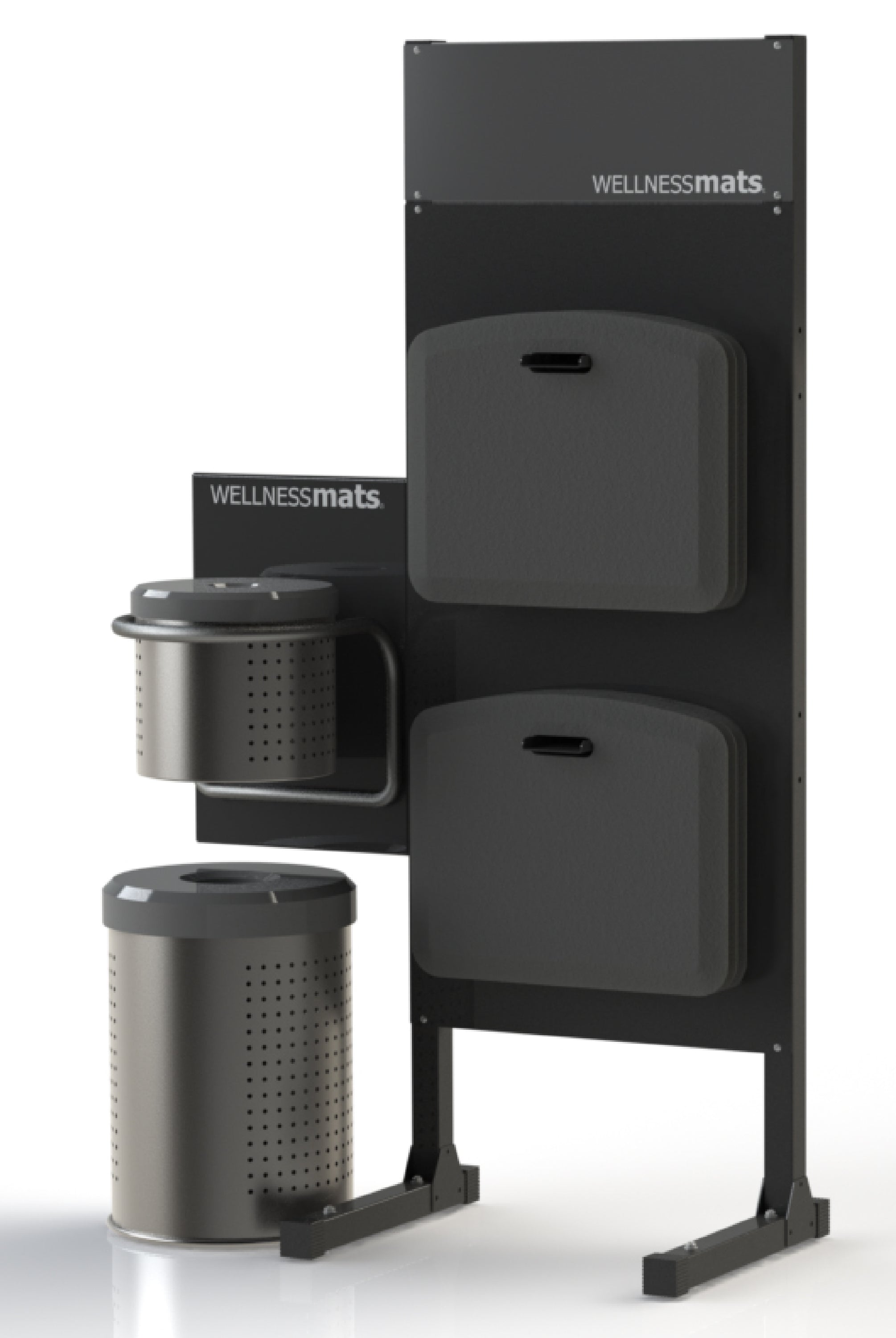 A Standing Saniziting Station that holds Mobile Mats that includes a trash can and wipes.
