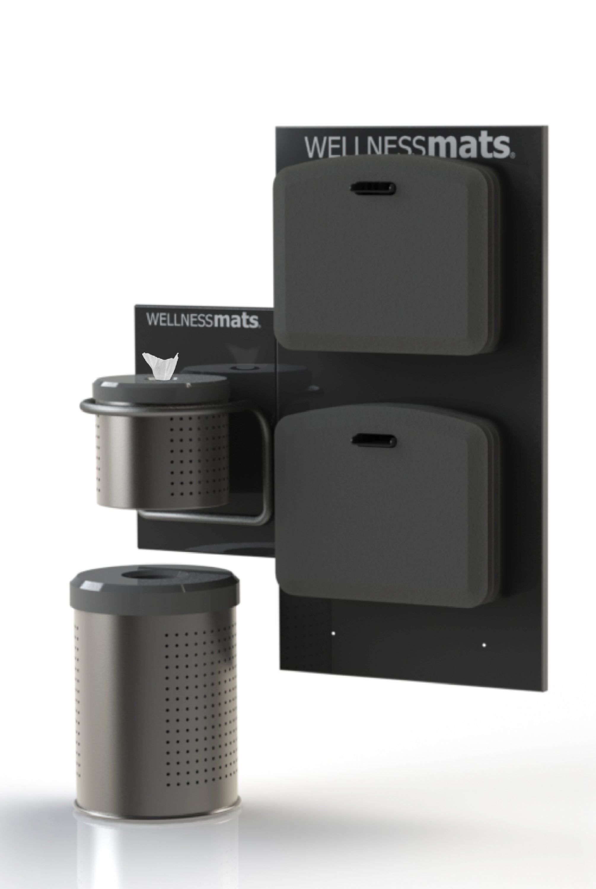 A Wall Sanitizing Station that holds Mobile Mats that includes a trash can and wipes.