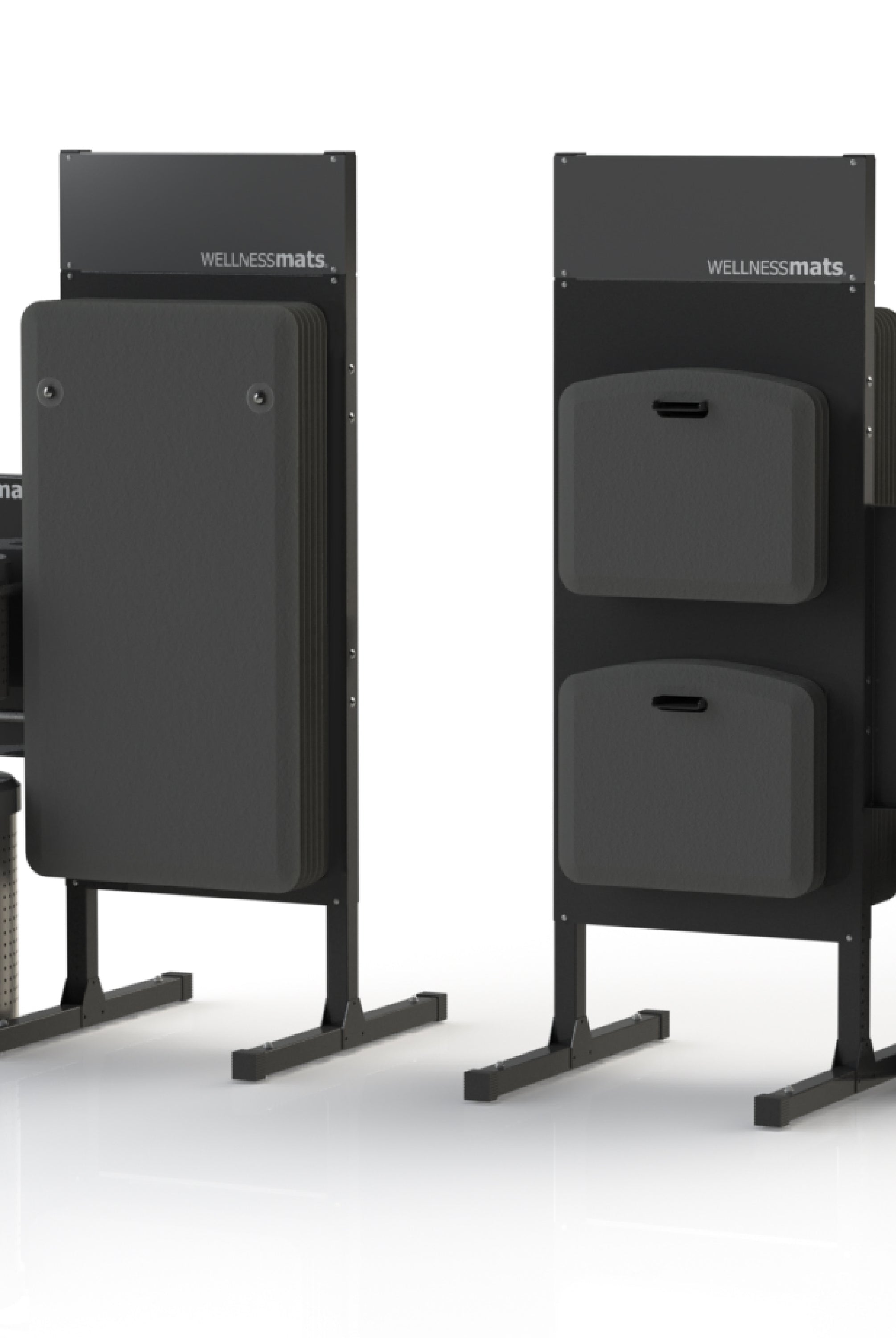 A standing sanitizing station that holds FitnessMats on one side and Mobile Mats on the other that includes a trash can and wipes.